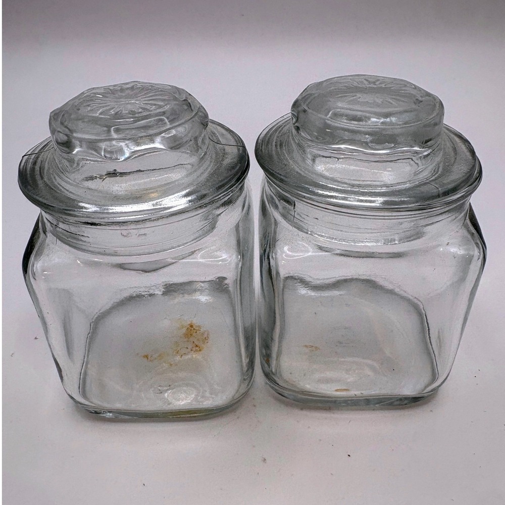 2 Vtg Anchor Hocking Mini Square Glass Canisters Starburst Glass-On-Glass Lids